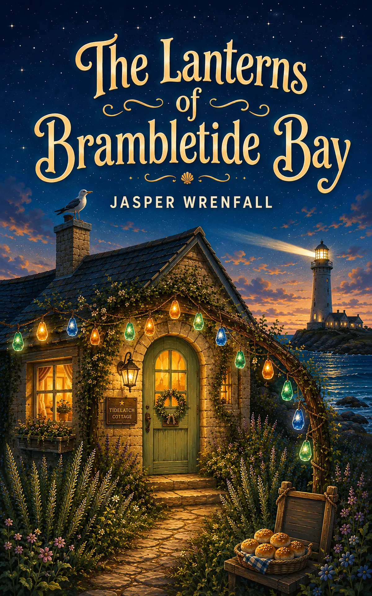 Cover of The Lanterns of Brambletide Bay by Jasper Wrenfall: a lantern-strung stone cottage beside a moonlit bay with a lighthouse