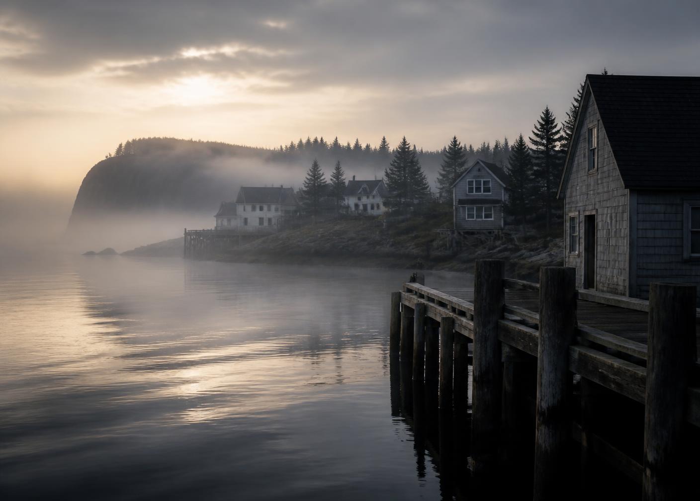 Fog drifting over a quiet coastal harbor at dawn, with a weathered pier and clapboard houses along the shore
