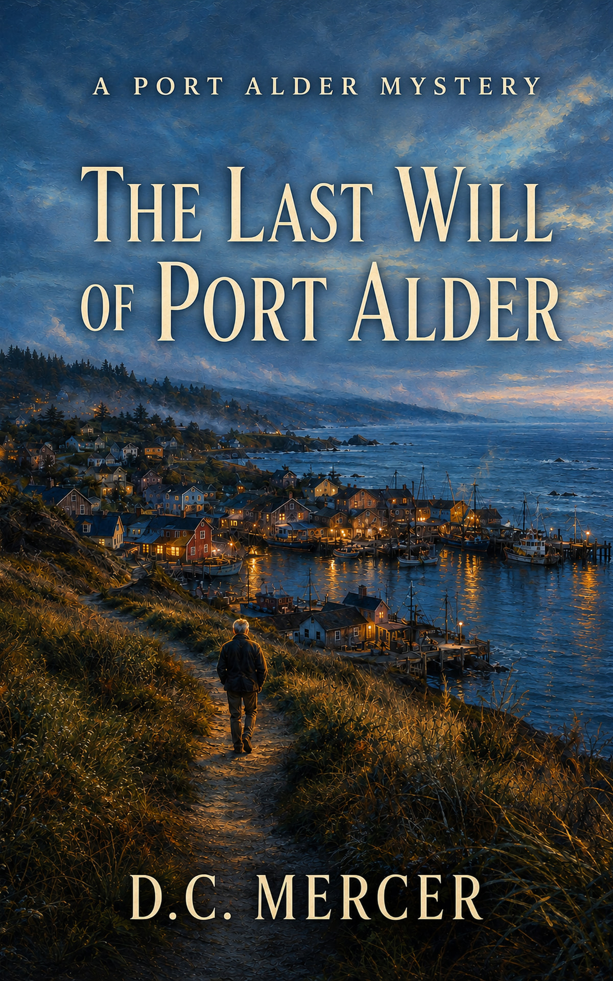 Cover of The Last Will of Port Alder by D.C. Mercer: a man walking a bluff path above a lamplit harbor town at dusk